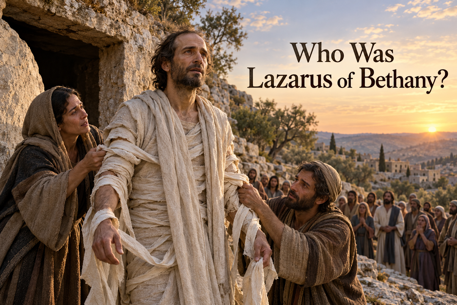 Illustrated Lazarus of Bethany emerging alive from a rock-cut tomb as relatives loosen his burial cloths