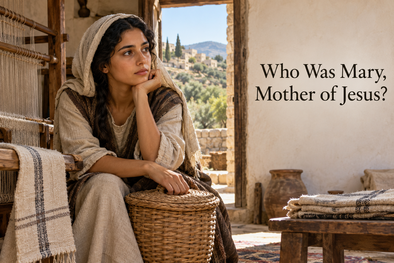 Illustrated young Mary, mother of Jesus, seated thoughtfully in a modest first-century Galilean home