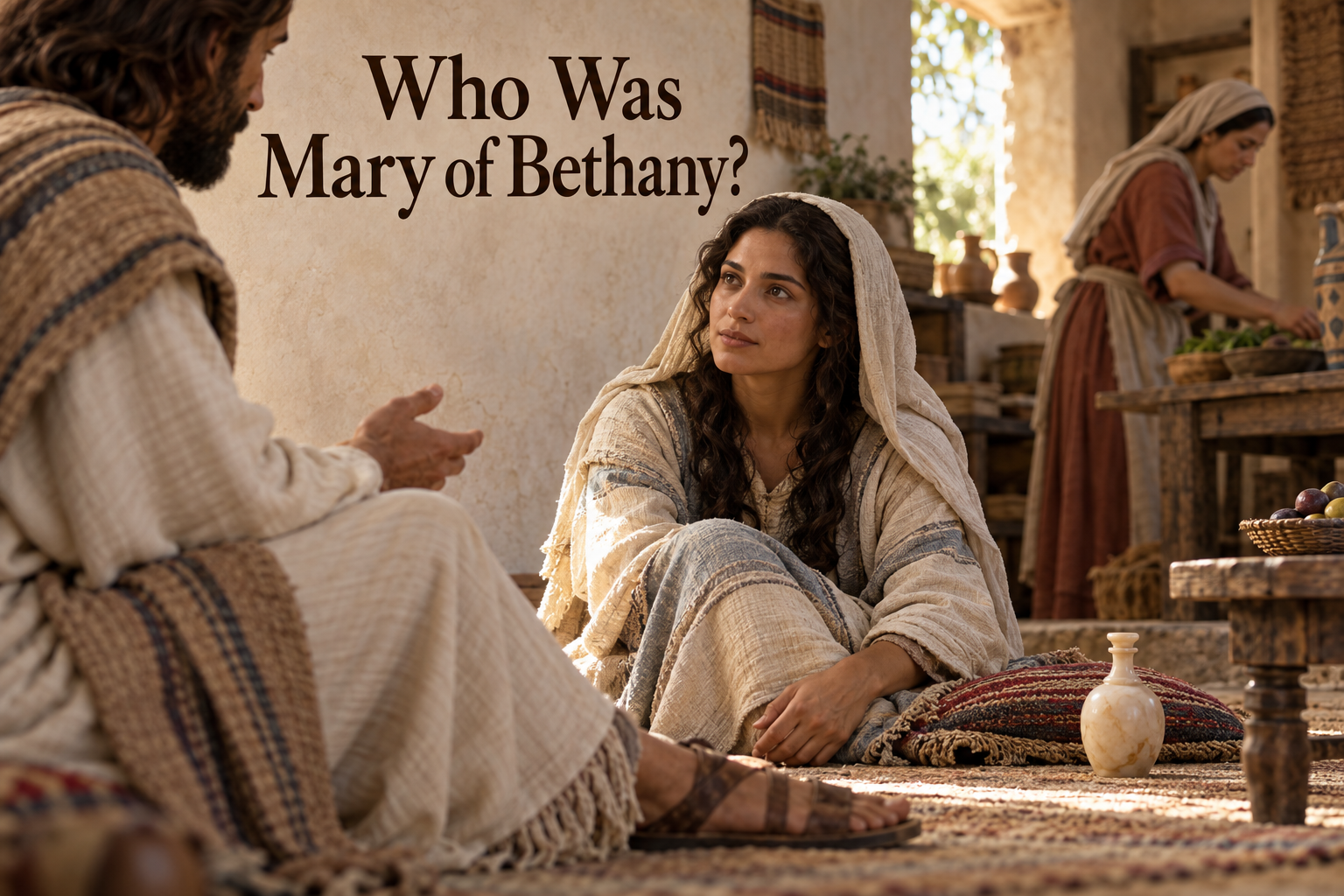Illustrated Mary of Bethany listening at Jesus’ feet in a first-century home while Martha works nearby