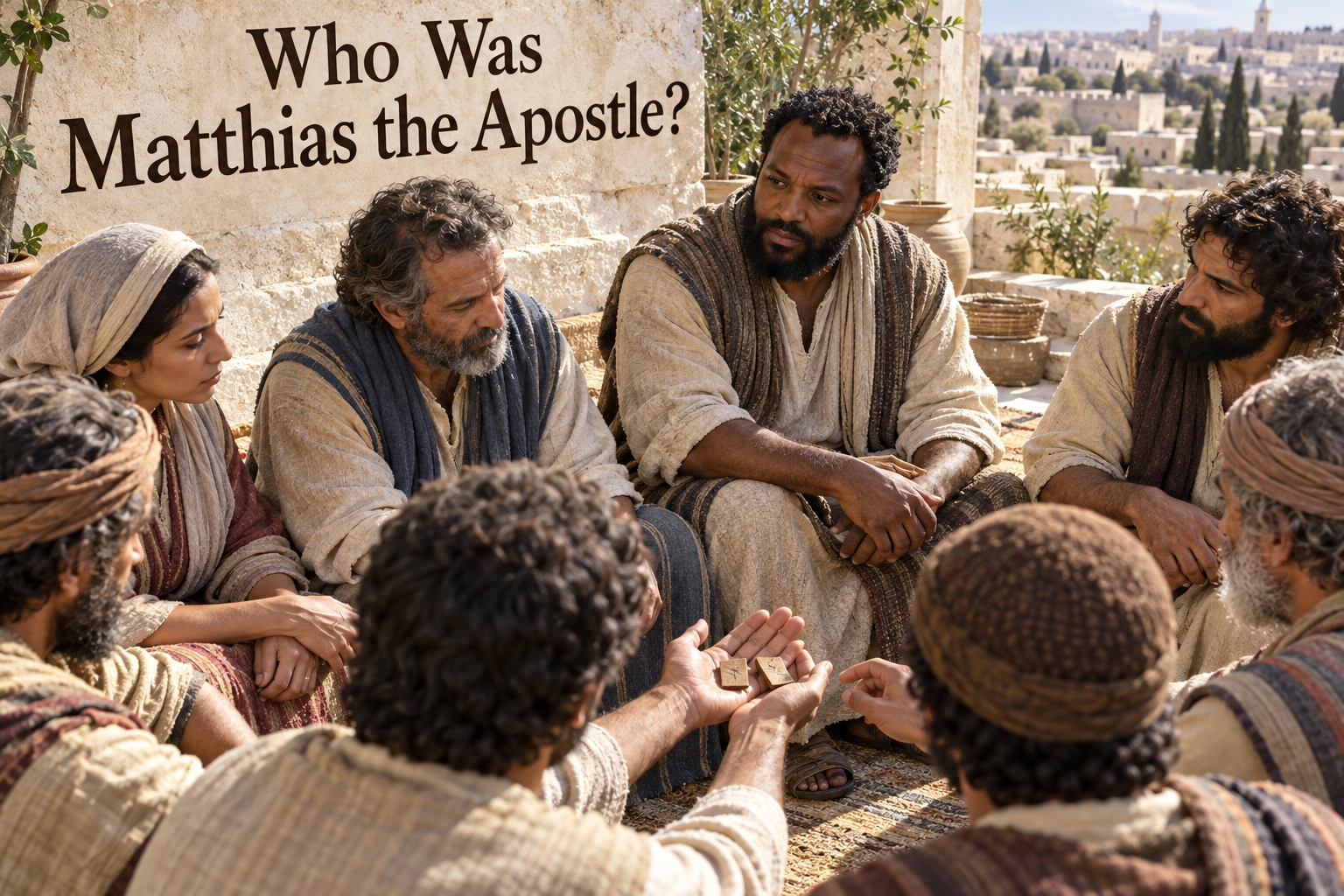 Illustrated Matthias seated among disciples as lots are cast in a first-century Jerusalem courtyard