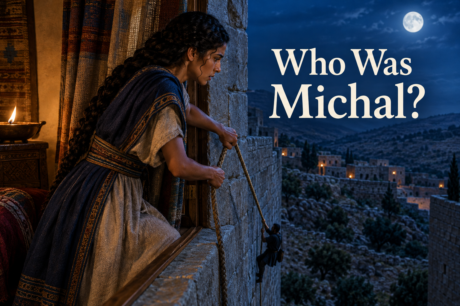 Illustrated Michal lowering a rope from a palace window as David escapes into the night