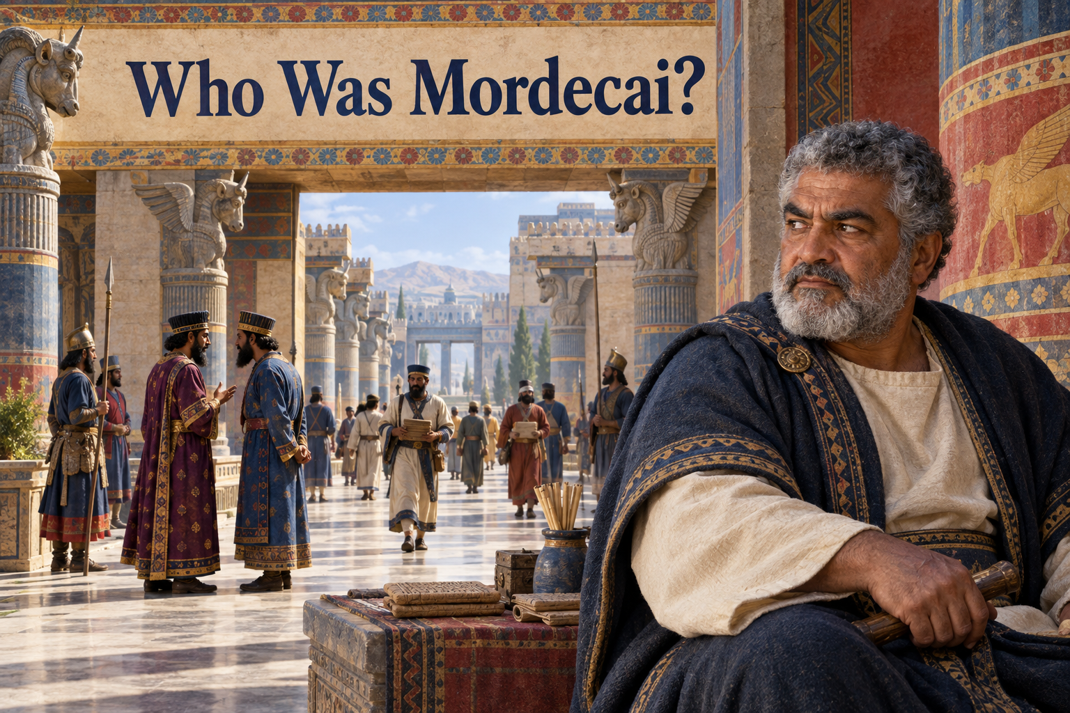 Imagined illustration of Mordecai watching officials at the Persian gate complex in Susa