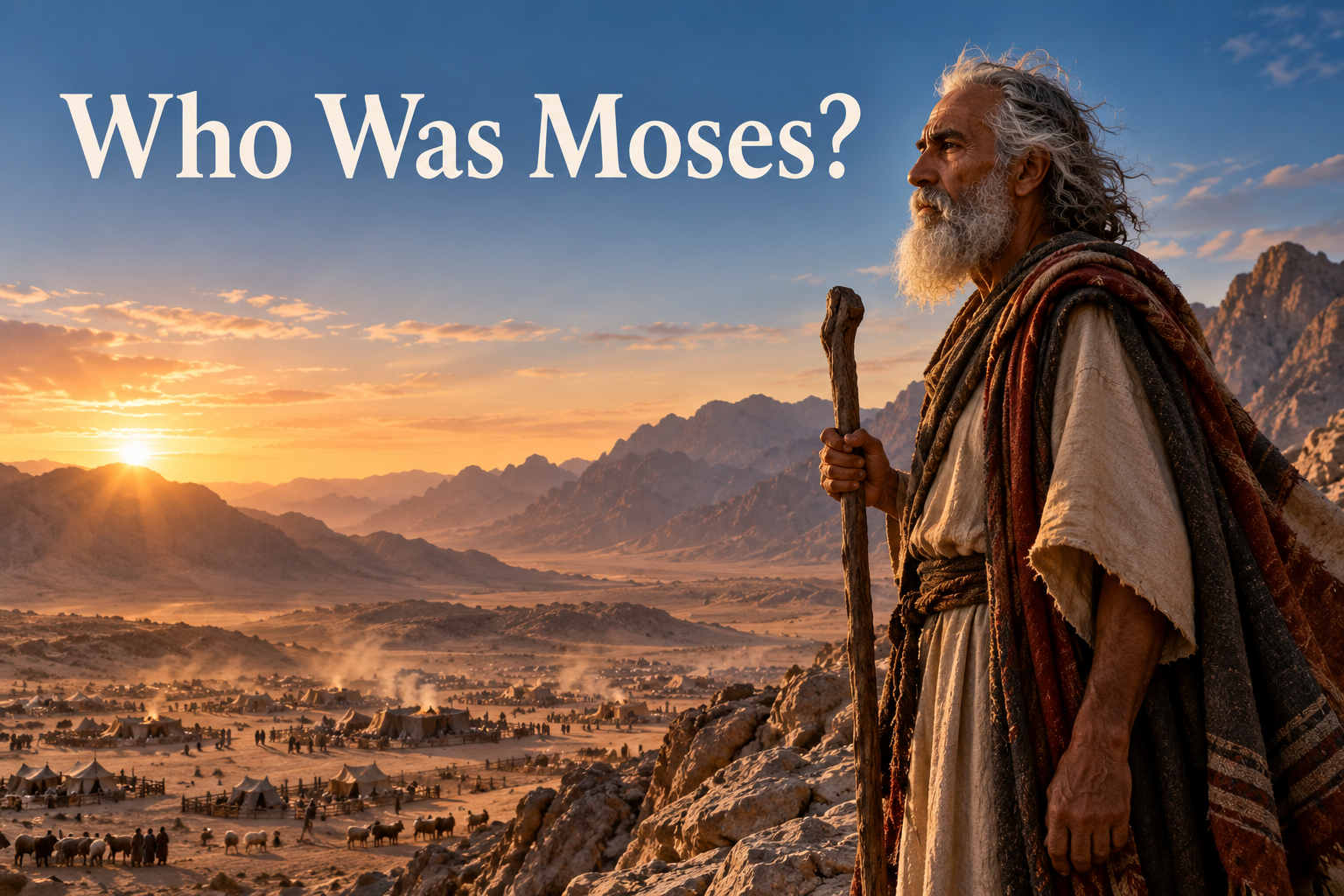Elderly Moses holding a shepherd’s staff on a rugged Sinai ridge above an encampment