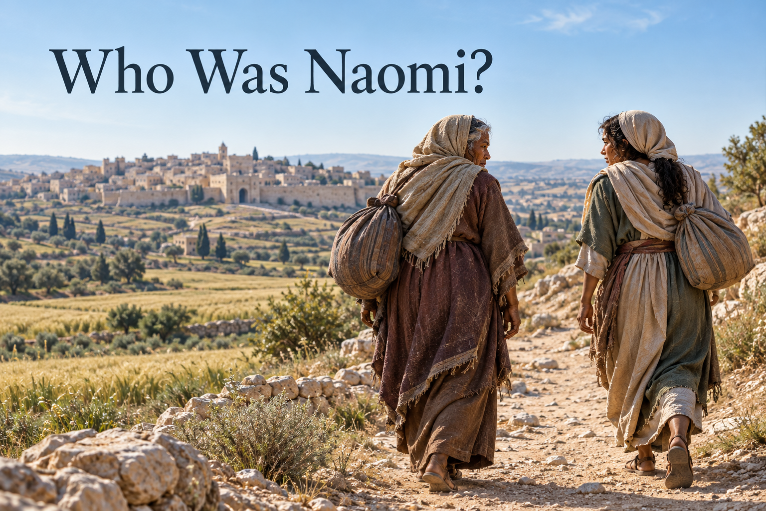 Illustrated Naomi and Ruth walking along a ridge toward Bethlehem and its surrounding barley fields