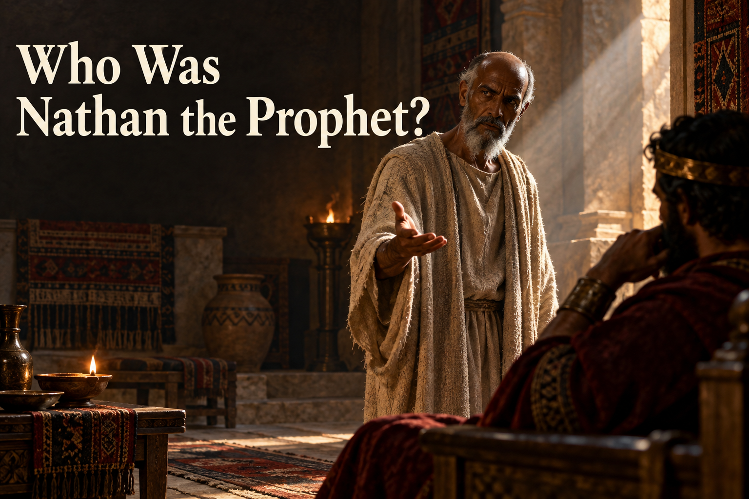 Nathan the prophet confronting a seated king in a modest Iron Age royal hall