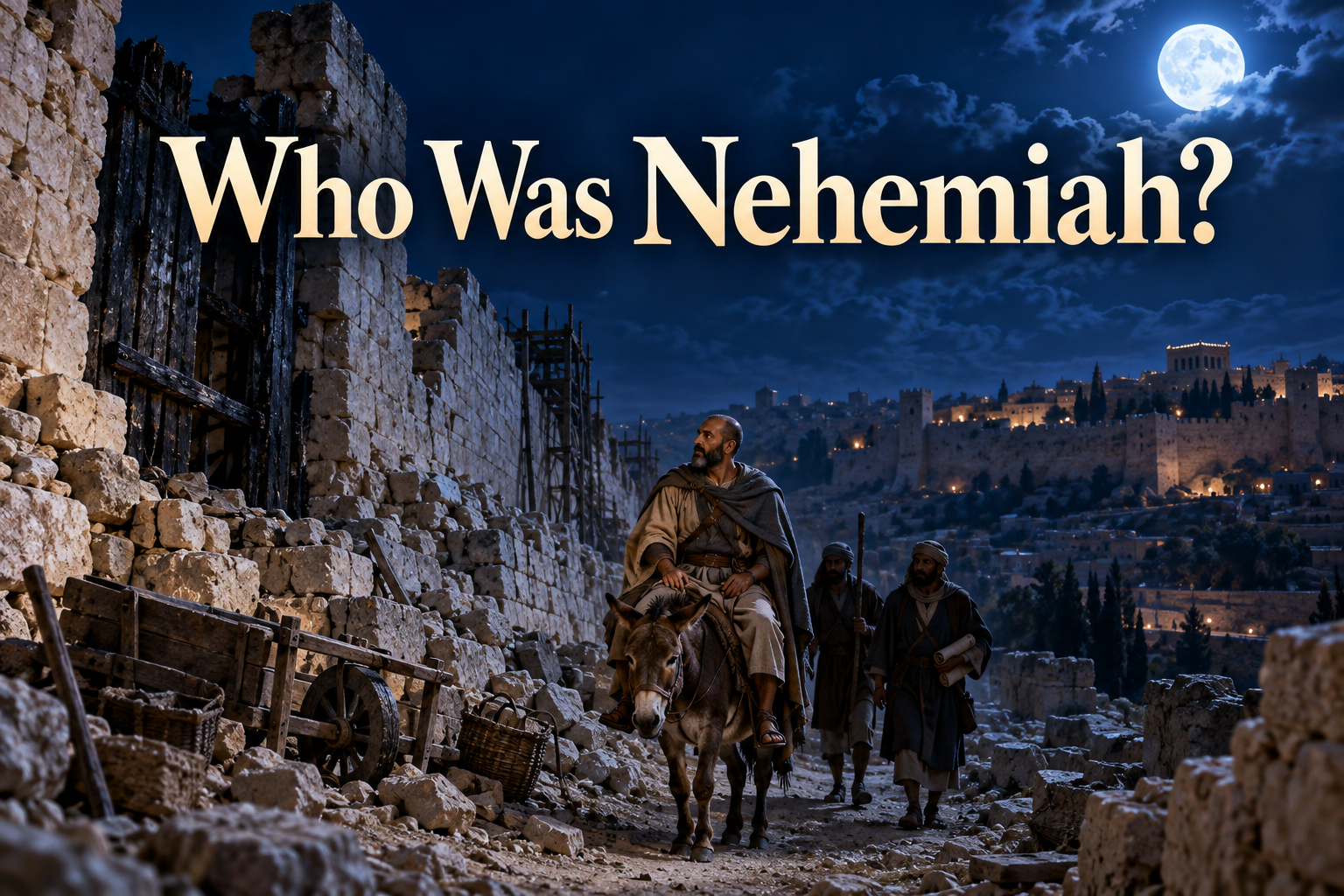 Illustrated Nehemiah inspecting Jerusalem’s broken walls by moonlight during the Persian period