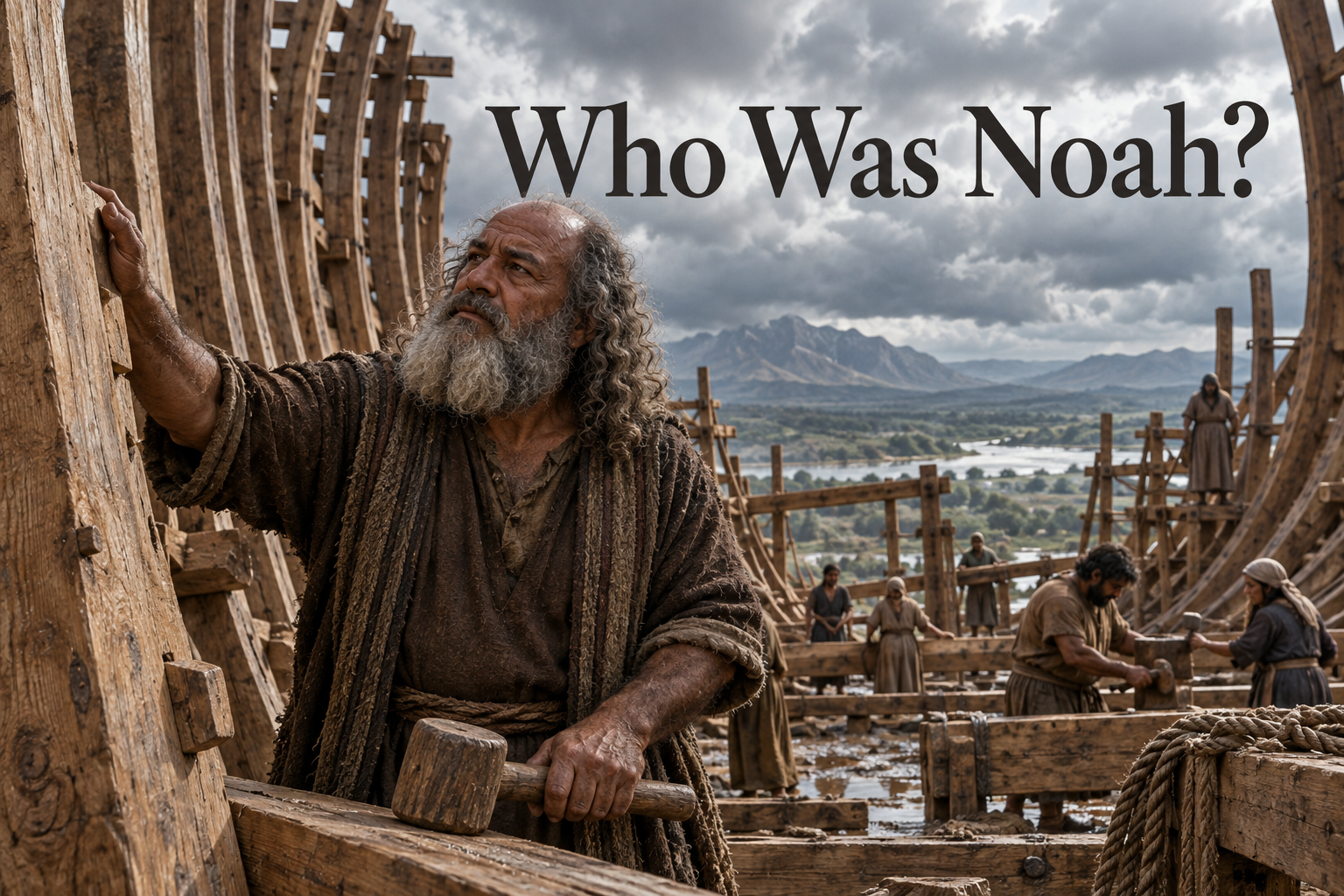 Illustrated Noah inspecting hand-hewn timbers inside a massive ark under construction