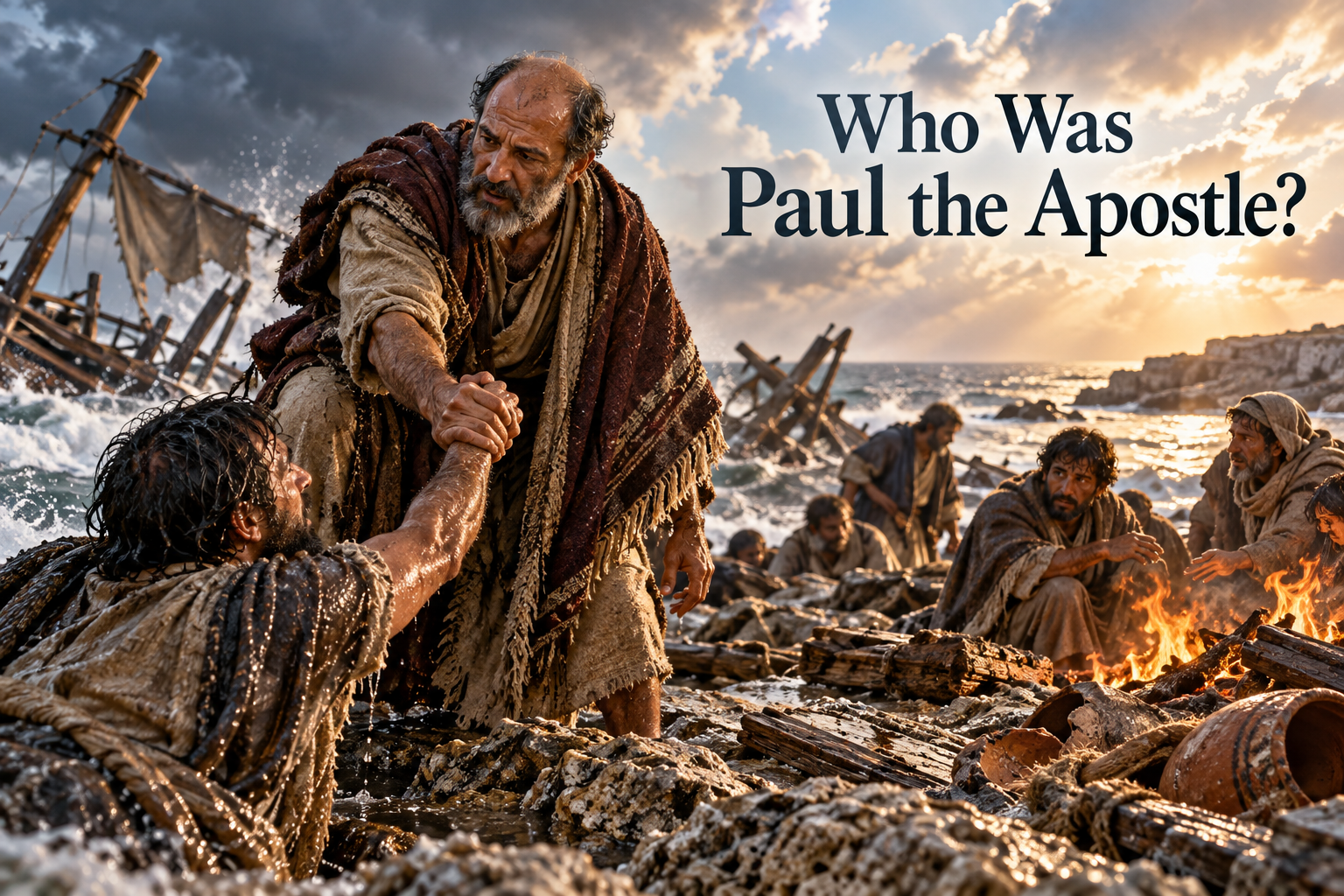 Illustrated Paul the apostle helping a shipwreck survivor on the rocky shore of first-century Malta