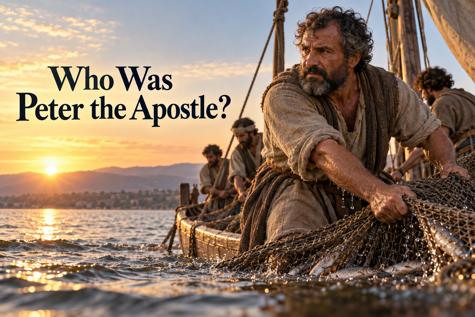 Illustrated Peter the apostle hauling a fishing net from a boat on the Sea of Galilee at sunrise