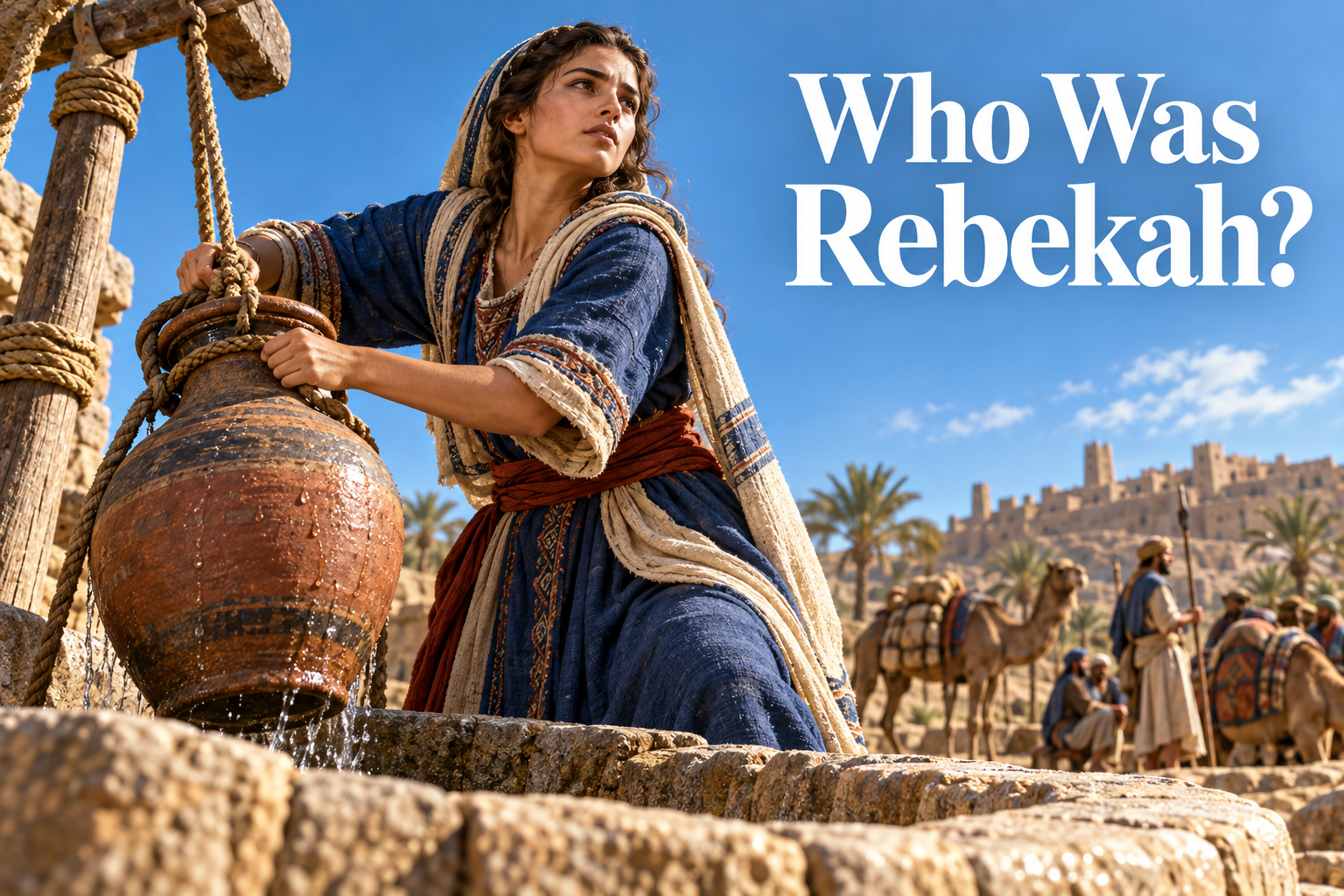 Rebekah drawing water from an ancient well as travelers and camels wait nearby