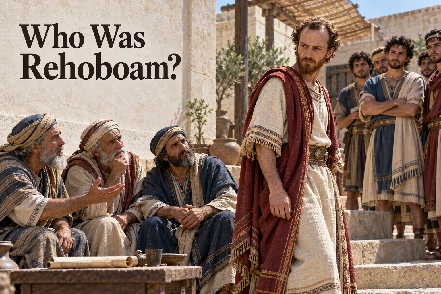Rehoboam turning from older advisers toward younger courtiers in Jerusalem