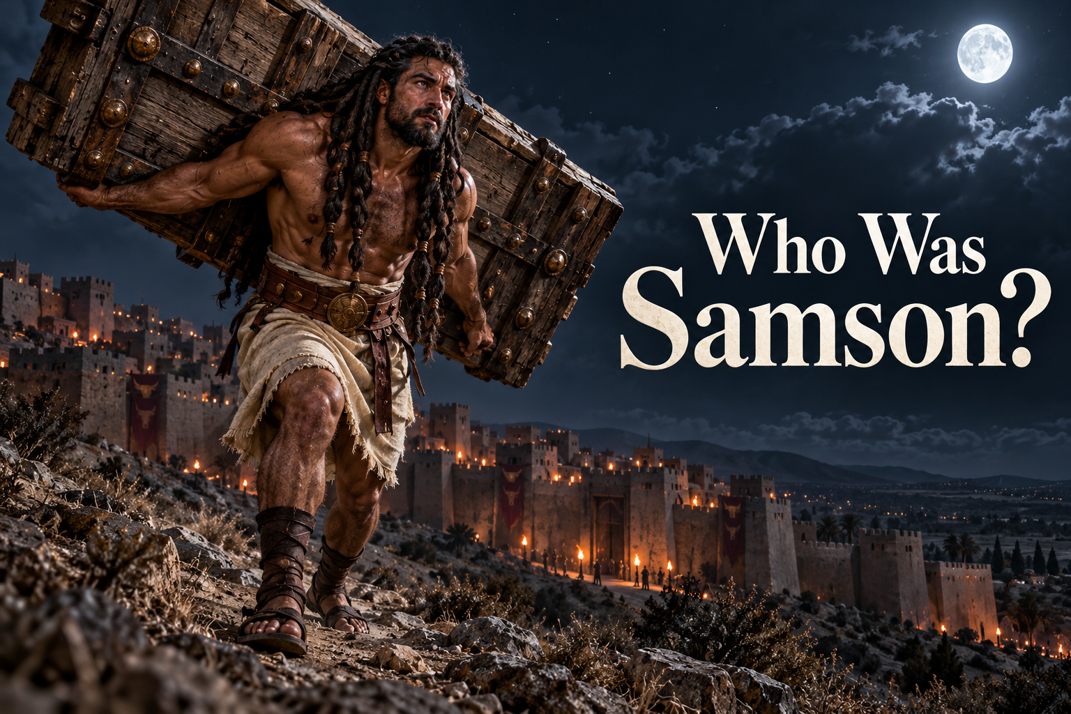 Long-haired Samson carrying the heavy wooden gates of Gaza uphill at night