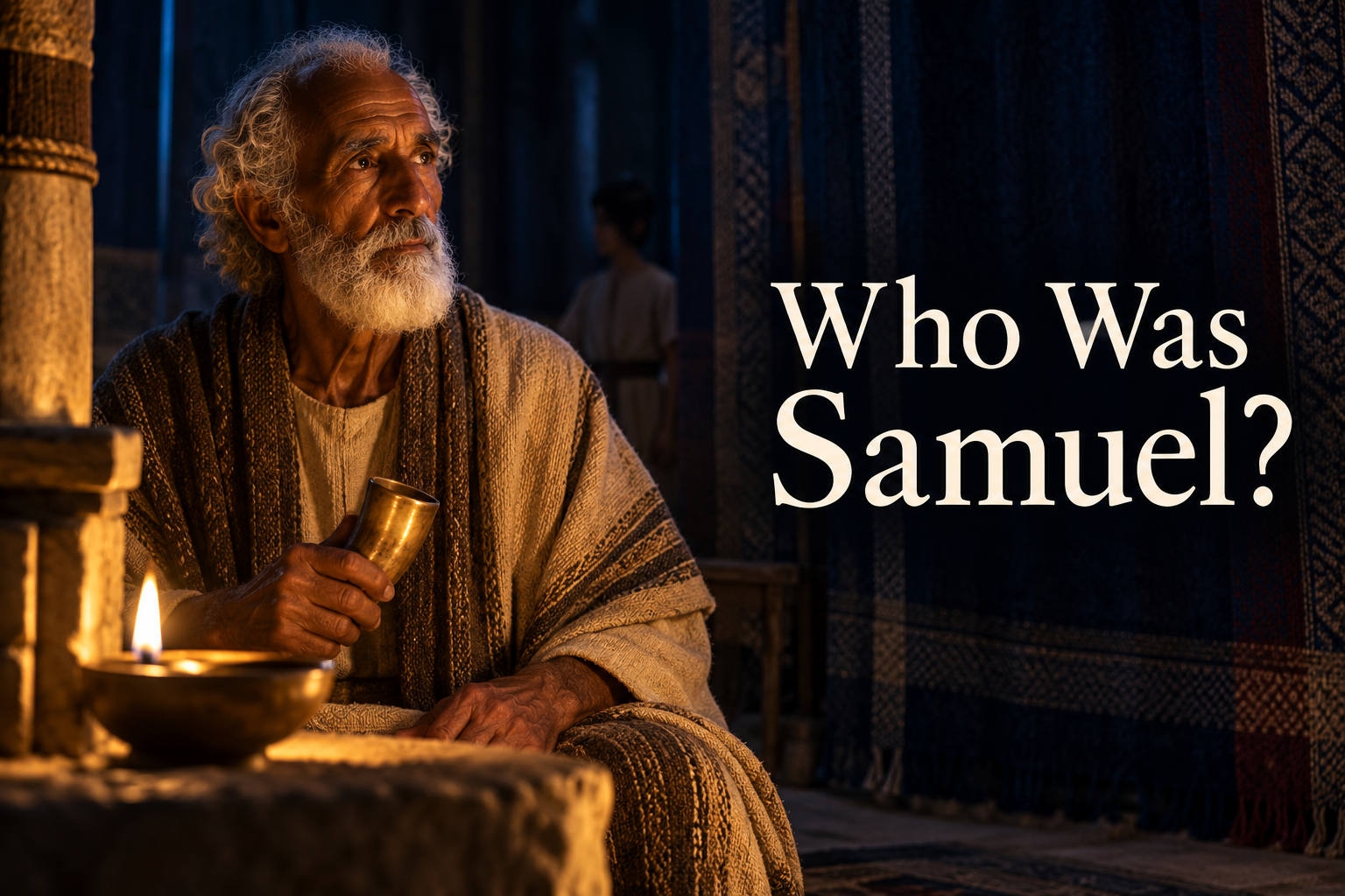 Elderly Samuel holding a horn of oil beside a lamp and woven sanctuary curtains