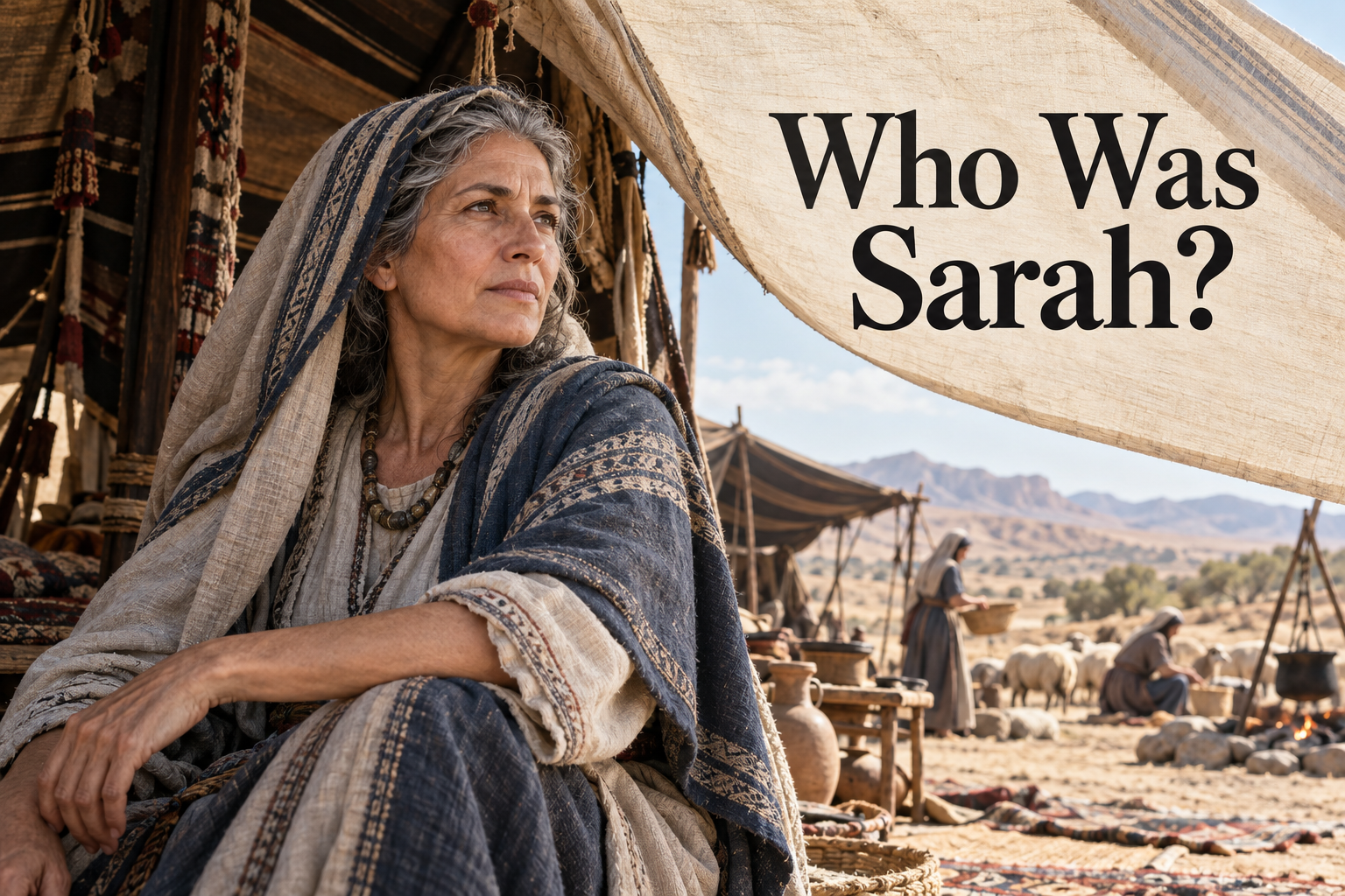 Sarah seated at the entrance of a nomadic tent in the ancient Near East