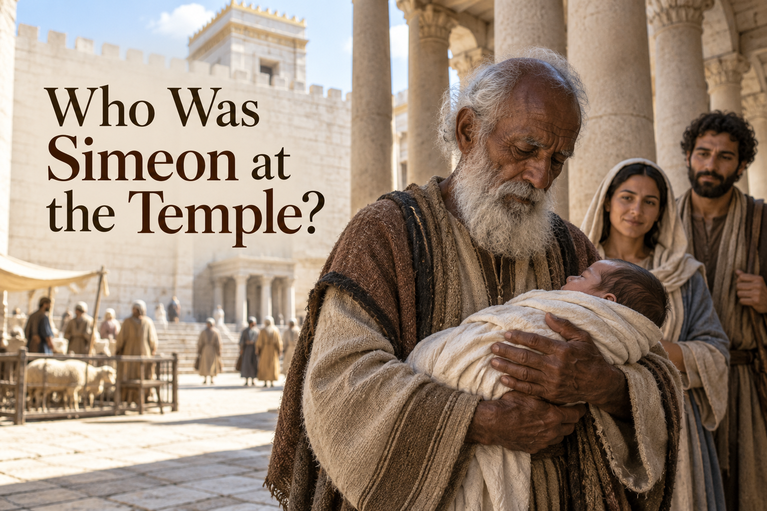 Illustrated Simeon holding the infant Jesus in an outer court of the first-century Jerusalem temple