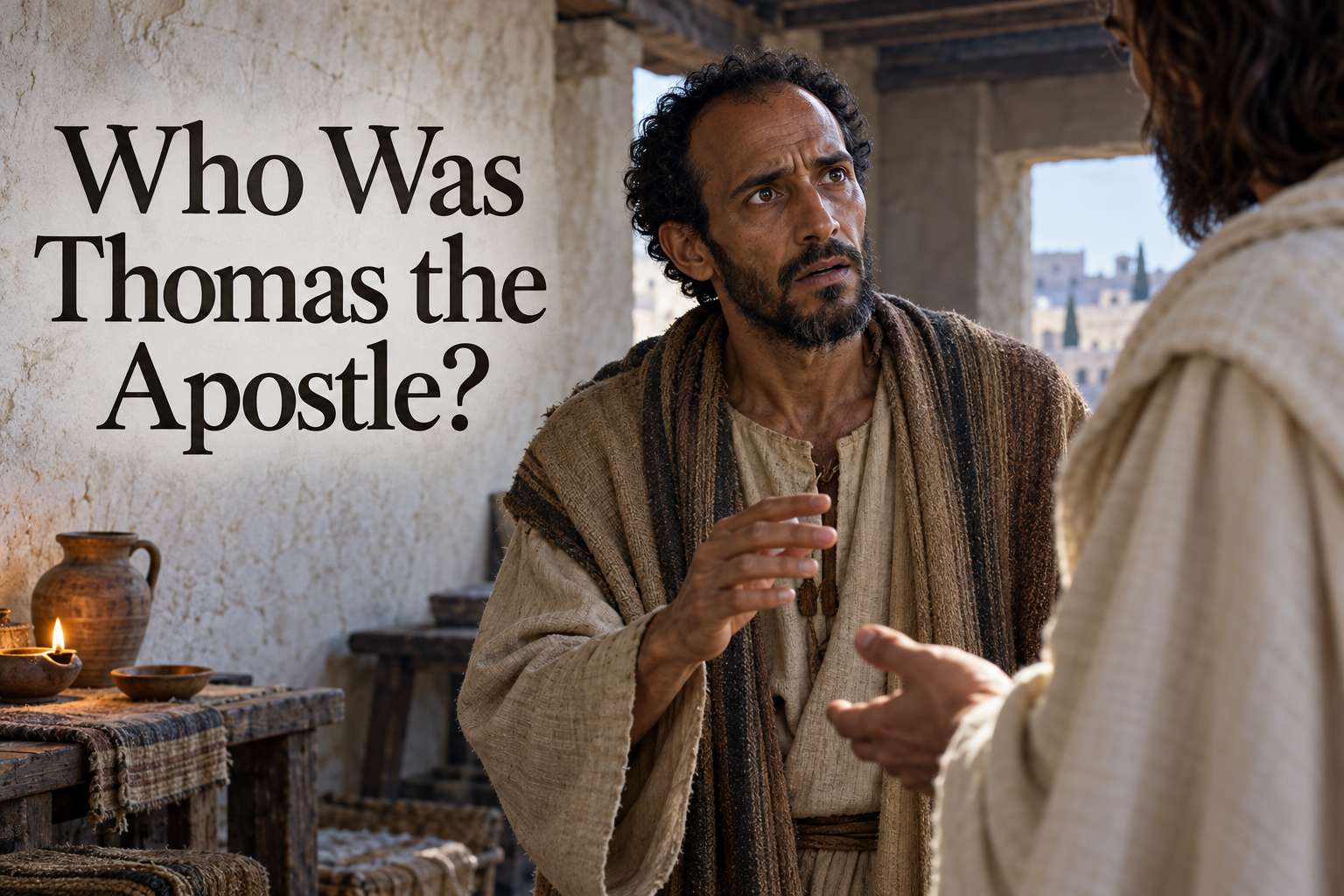 Illustrated Thomas the apostle responding cautiously to the risen Jesus in a first-century Jerusalem room
