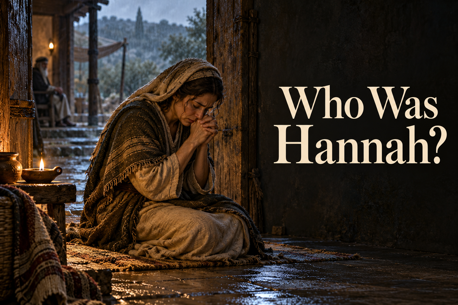 Hannah prays silently near the wooden entrance of the sanctuary at Shiloh