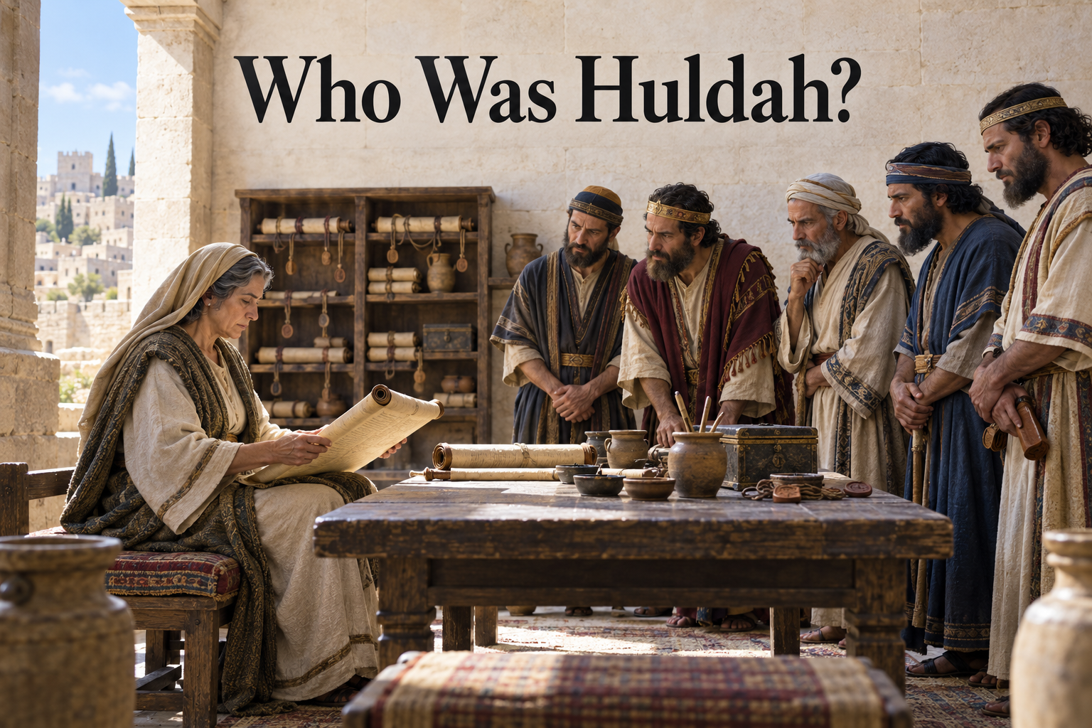 Huldah reads an opened scroll while King Josiah's officials await her prophetic judgment