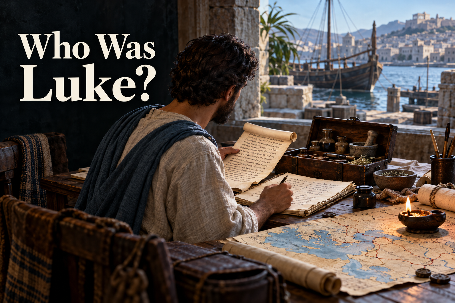 An anonymous first-century physician-writer studies scrolls and travel notes beside a harbor
