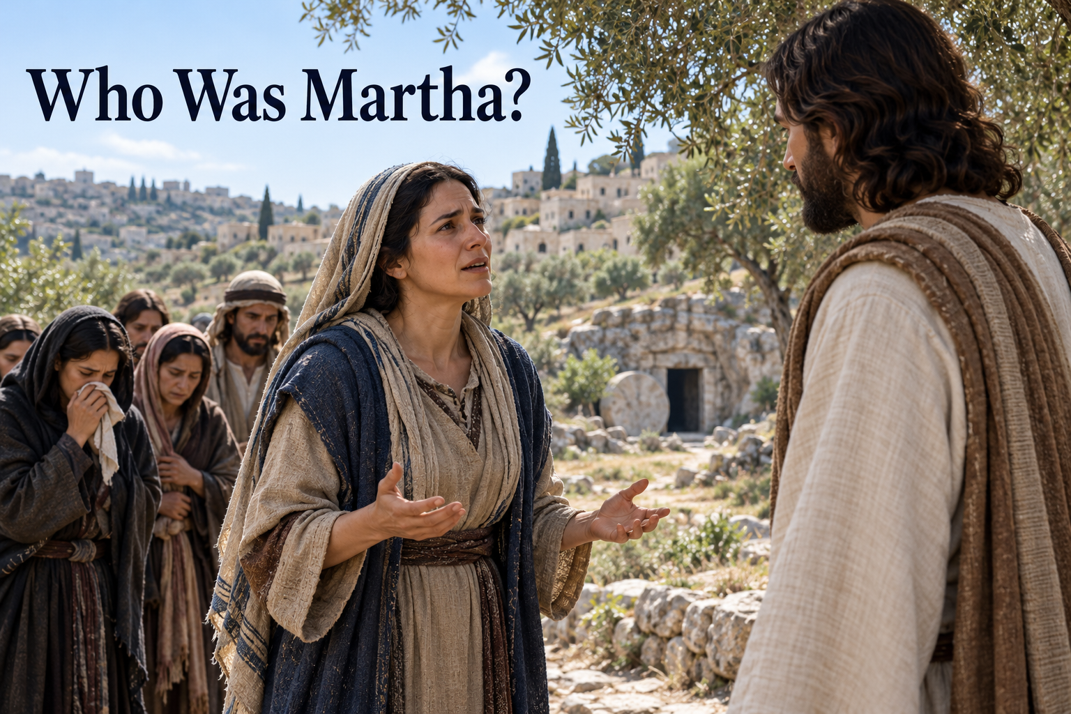 Martha speaks with Jesus on the road outside Bethany while mourners stand near her village