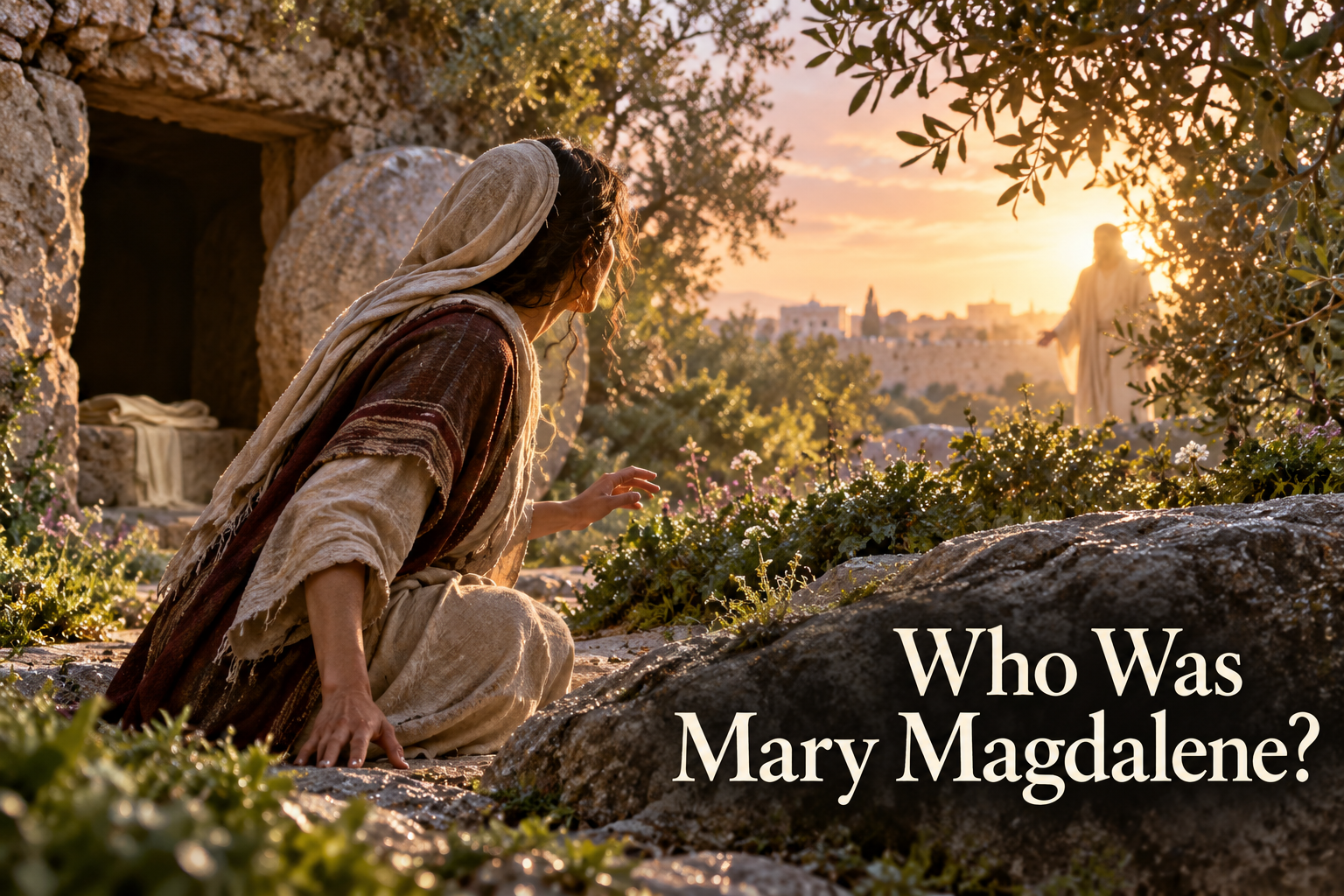 Mary Magdalene turns from the empty tomb toward the risen Jesus in a garden at dawn