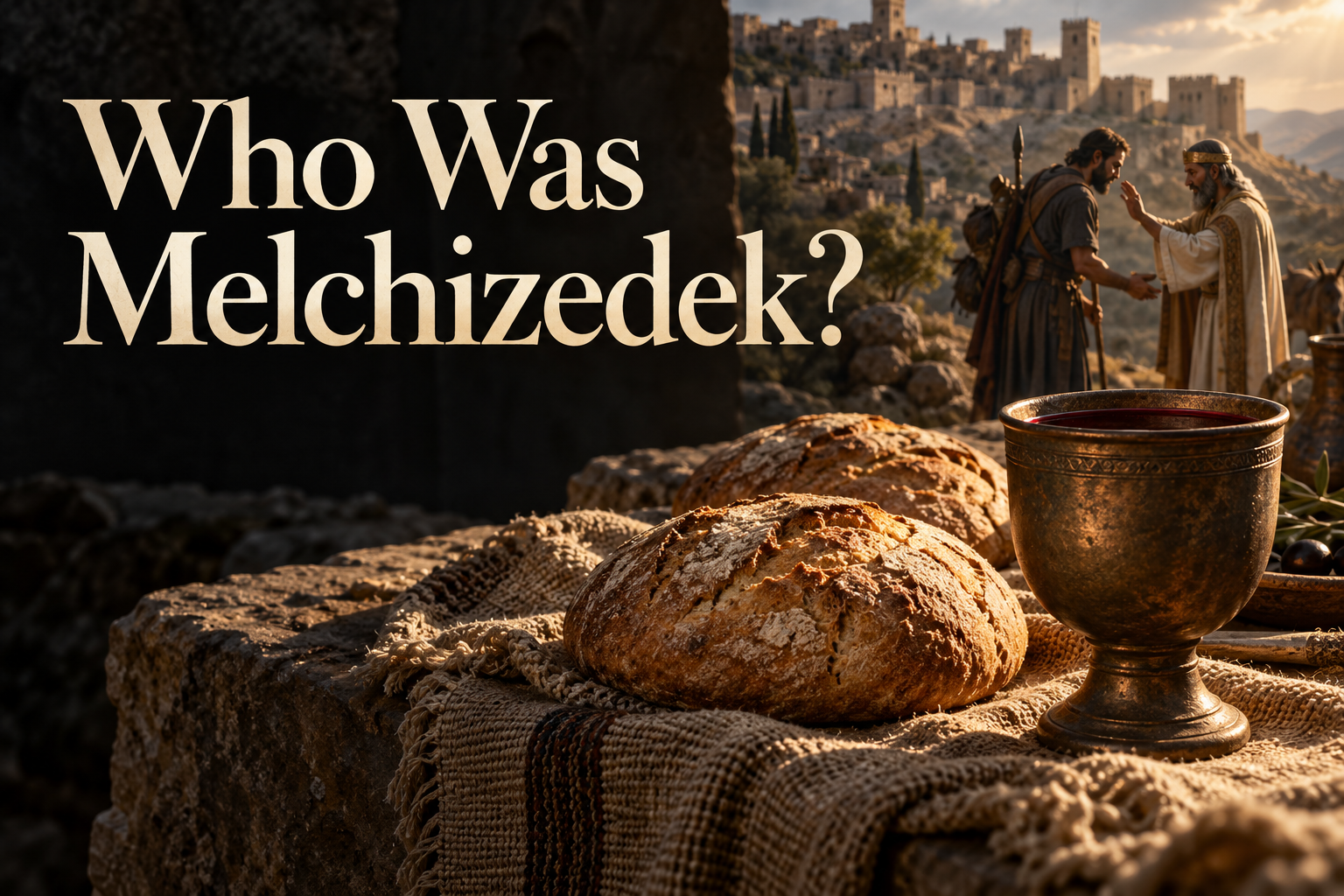 Bread and a cup of wine with Melchizedek blessing Abraham in the background