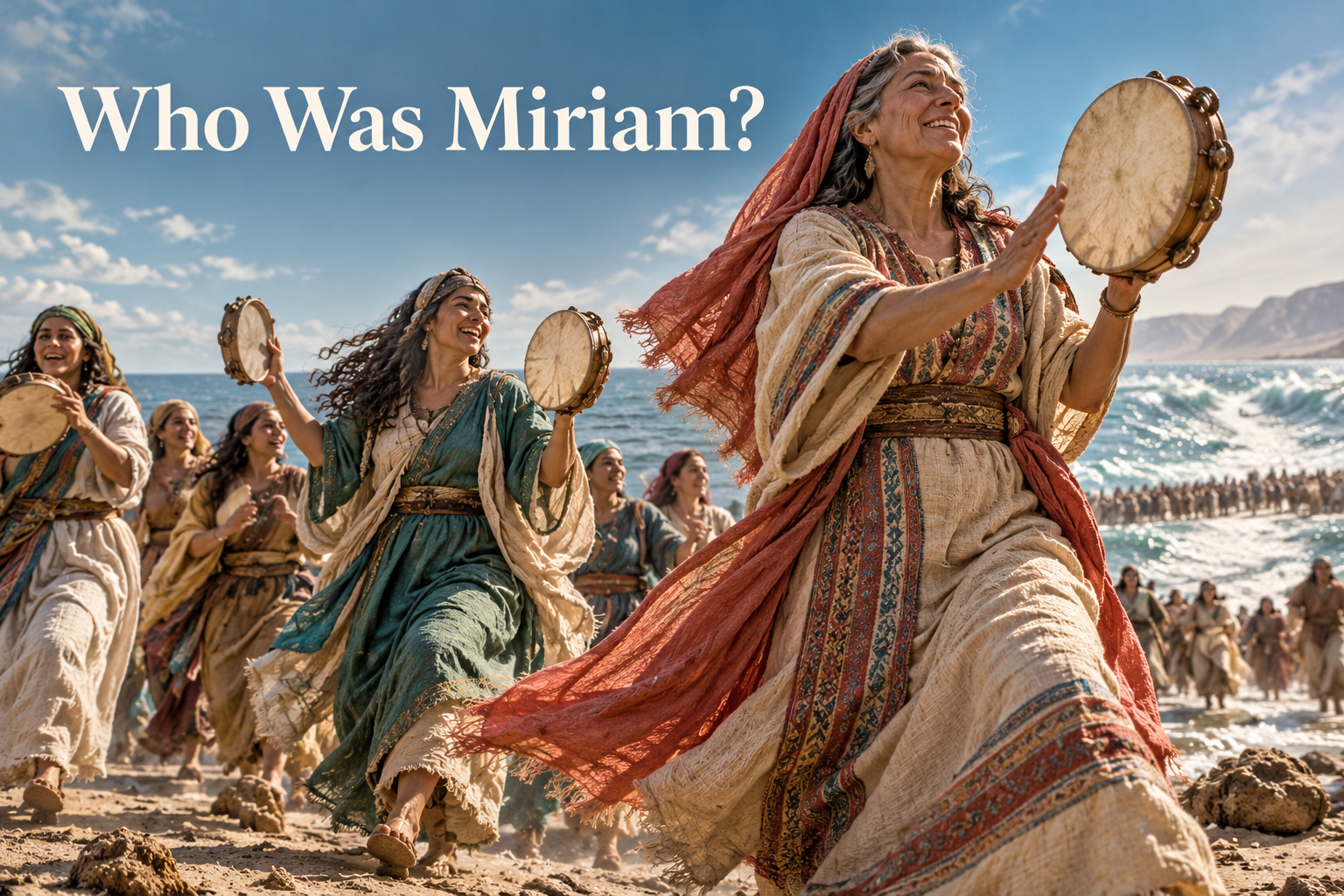 Miriam leads Hebrew women with hand drums beside the Red Sea after Israel's crossing