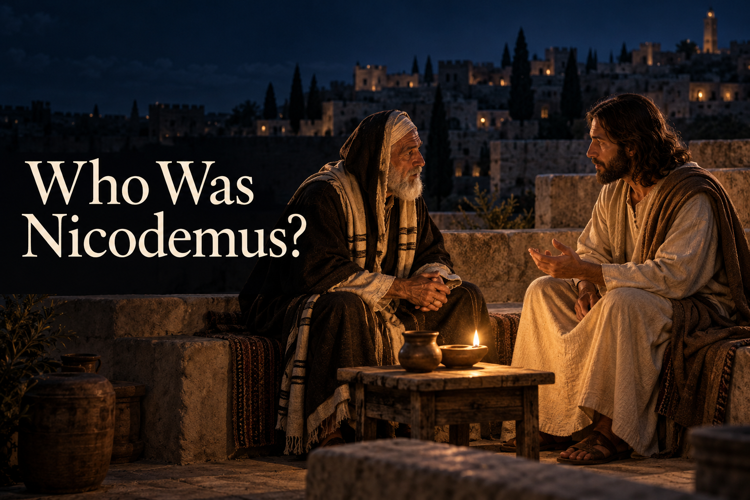 Nicodemus listens to Jesus by an oil lamp in a Jerusalem courtyard at night