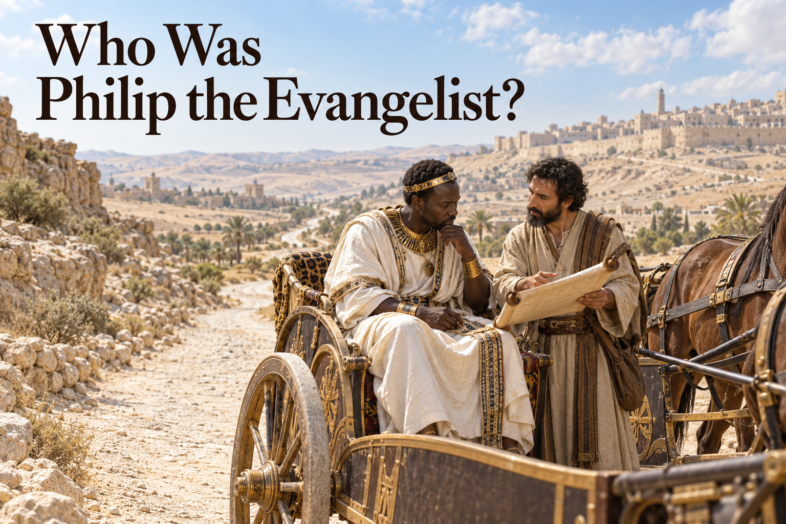 Philip explains a Scripture scroll to an Ethiopian official beside a chariot