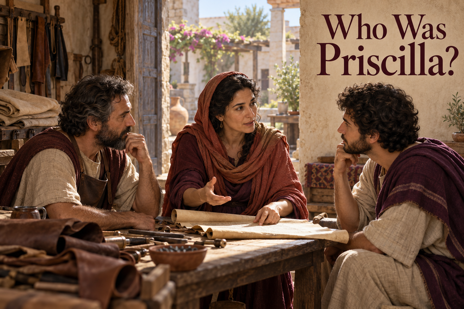 Priscilla discusses Scripture with Aquila and Apollos in a first-century workshop