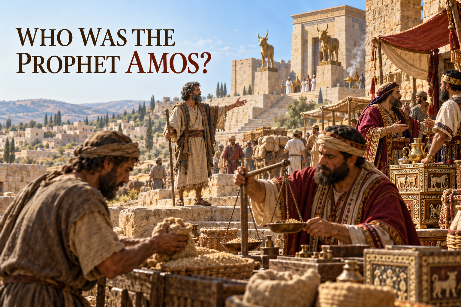 The prophet Amos confronting wealthy merchants at a market near Bethel
