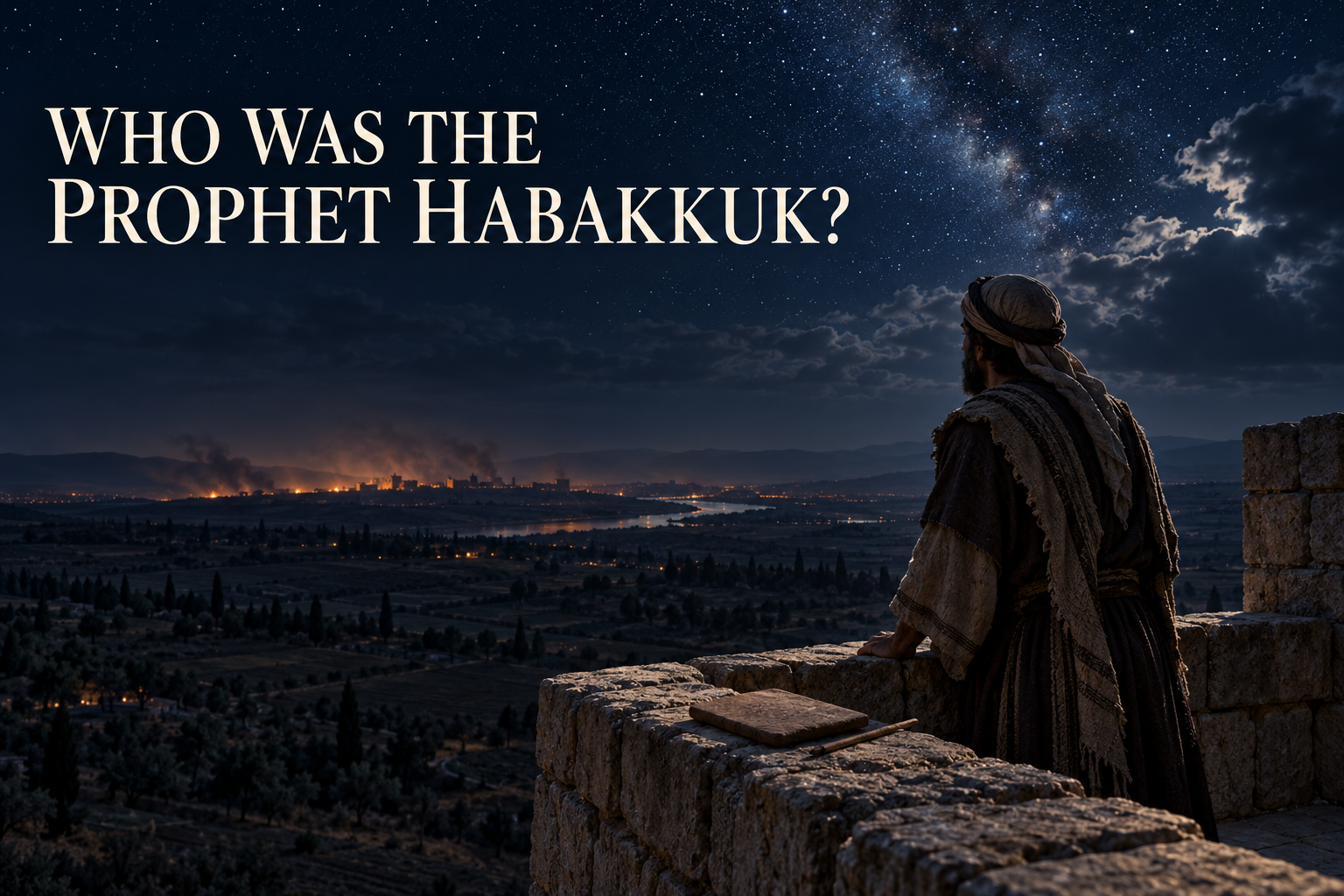 The prophet Habakkuk watches distant fires from a stone tower beneath a star-filled sky