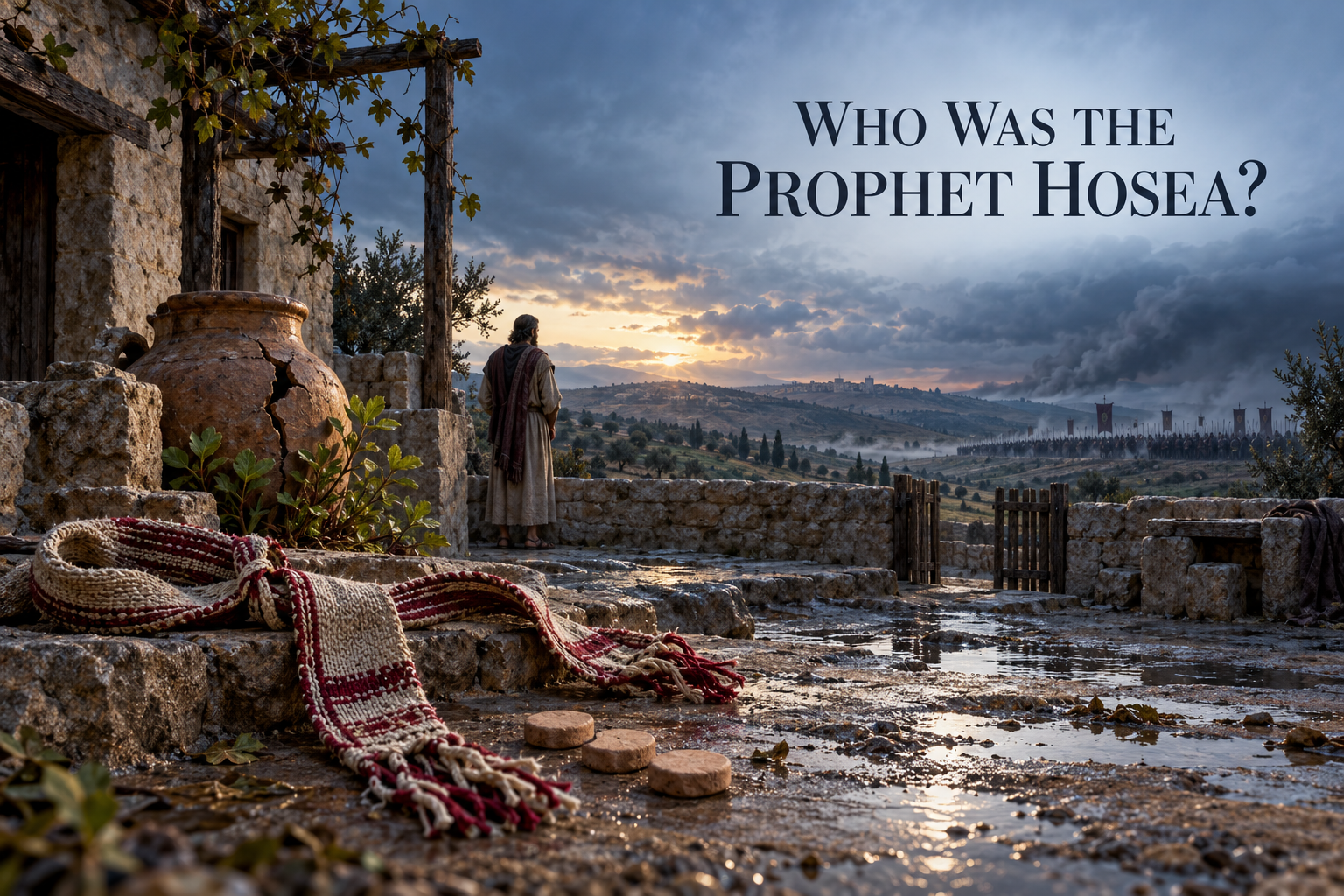 The prophet Hosea overlooking an Assyrian army from a storm-wet Israelite courtyard