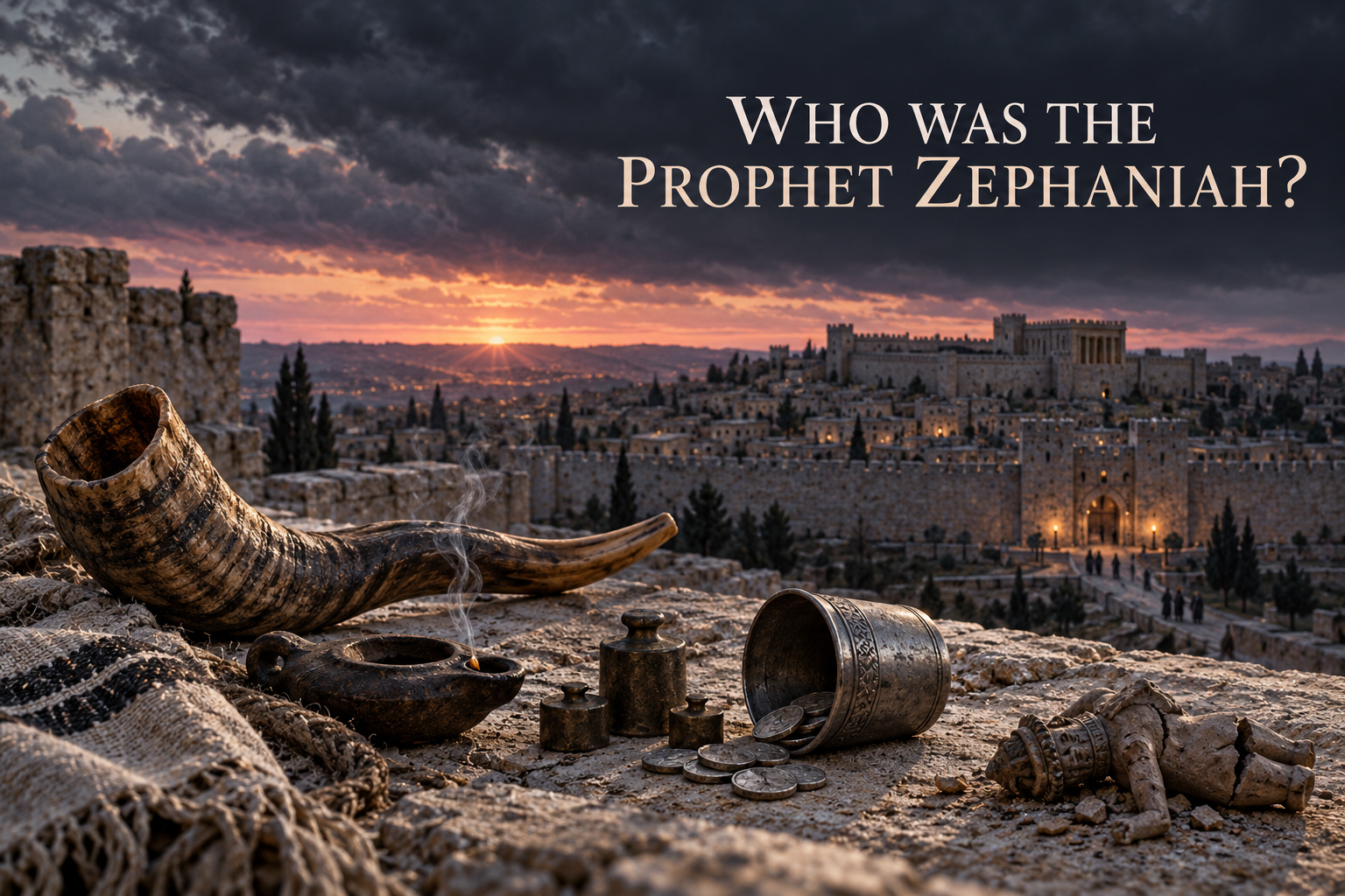 A ram's horn, extinguished lamp, dishonest weights, and broken idol overlook Jerusalem at dawn