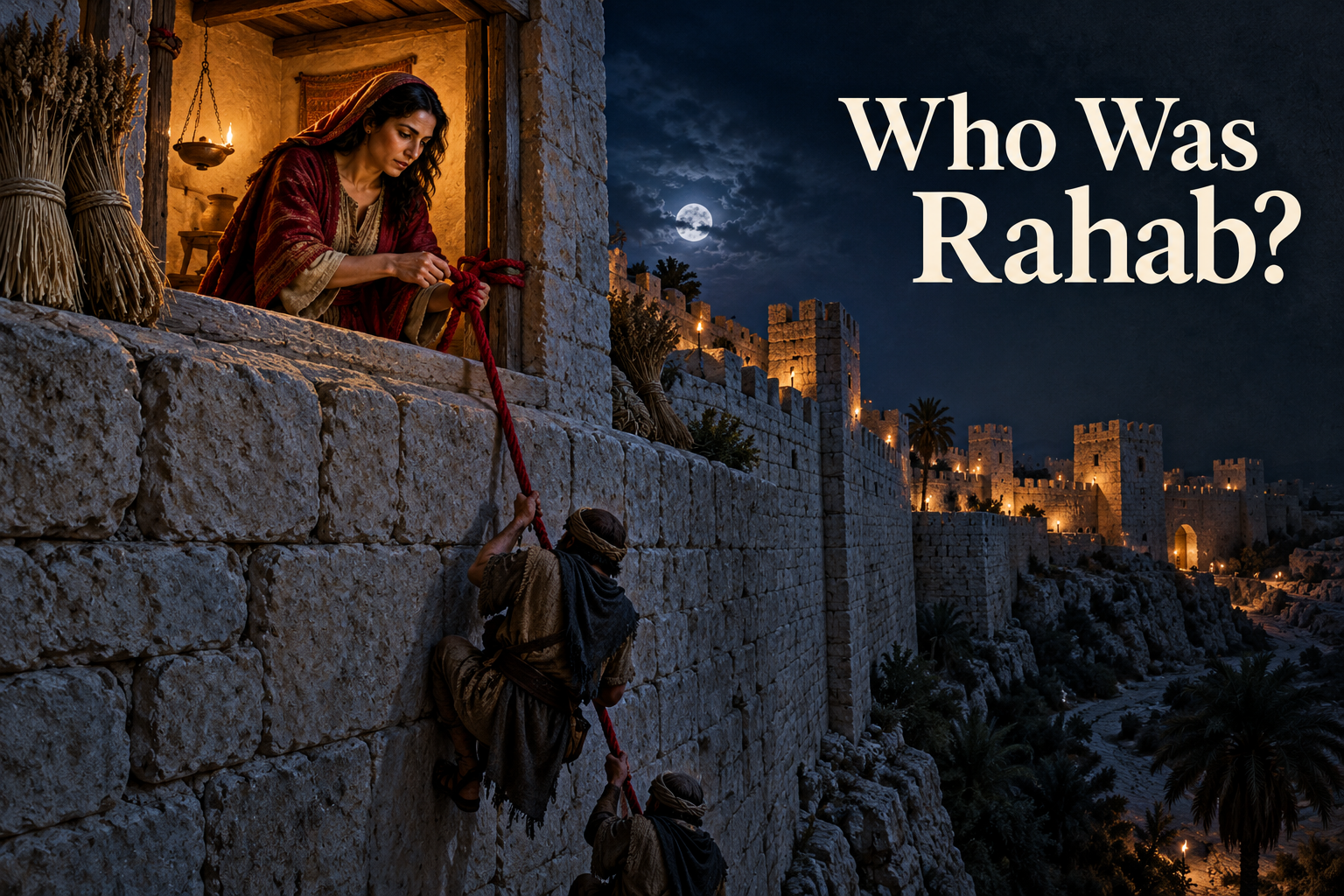 Rahab ties a scarlet cord at her window while Israelite spies descend Jericho's wall at night