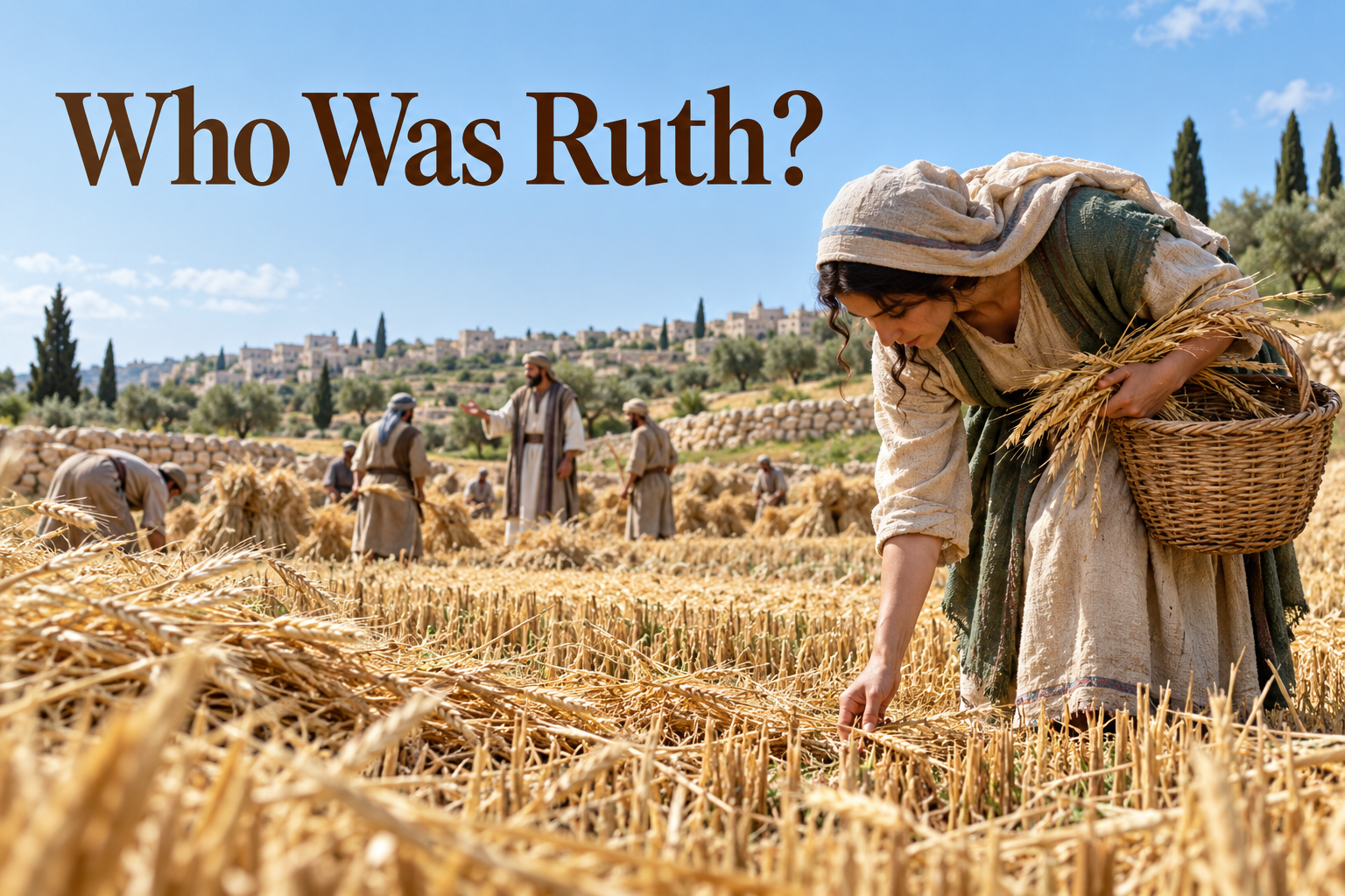 Ruth gathers barley behind harvesters in a Bethlehem field while Boaz watches from a distance