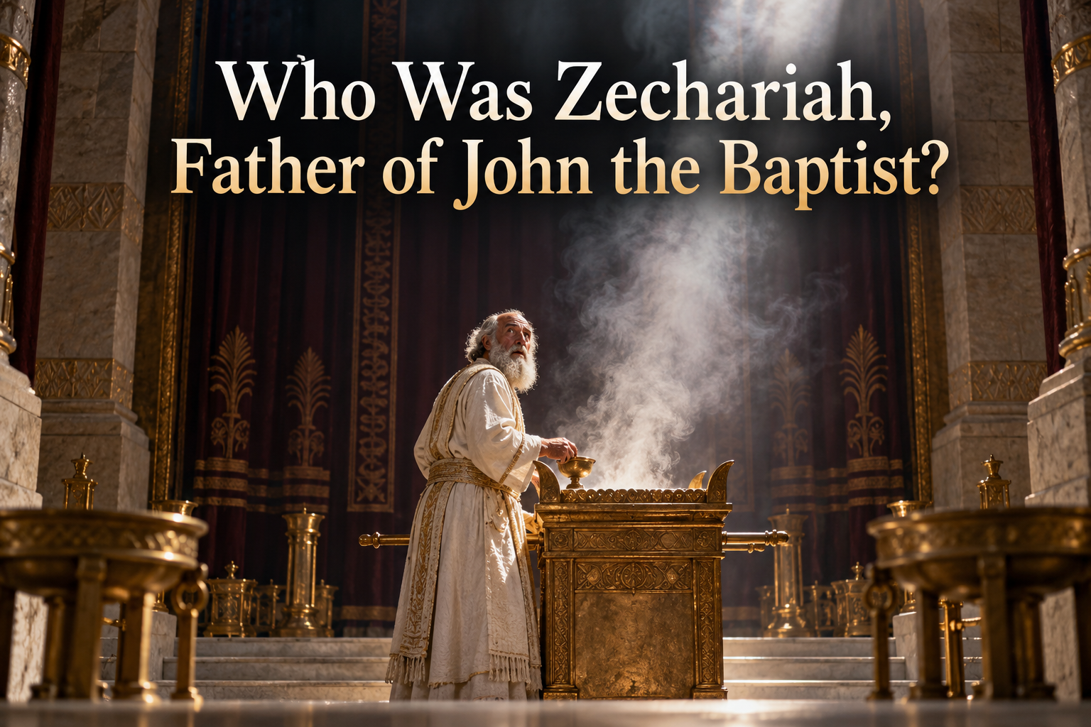 Illustrated Zechariah, father of John the Baptist, tending incense in the first-century temple sanctuary